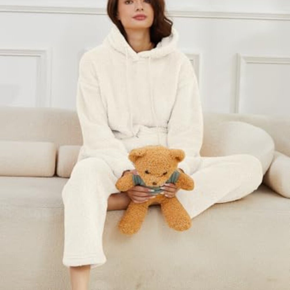Fleece Pajama Set Cozy Loungewear Hoodie Pants Fuzzy Sleepwear Oversized Chic - Picture 3 of 8